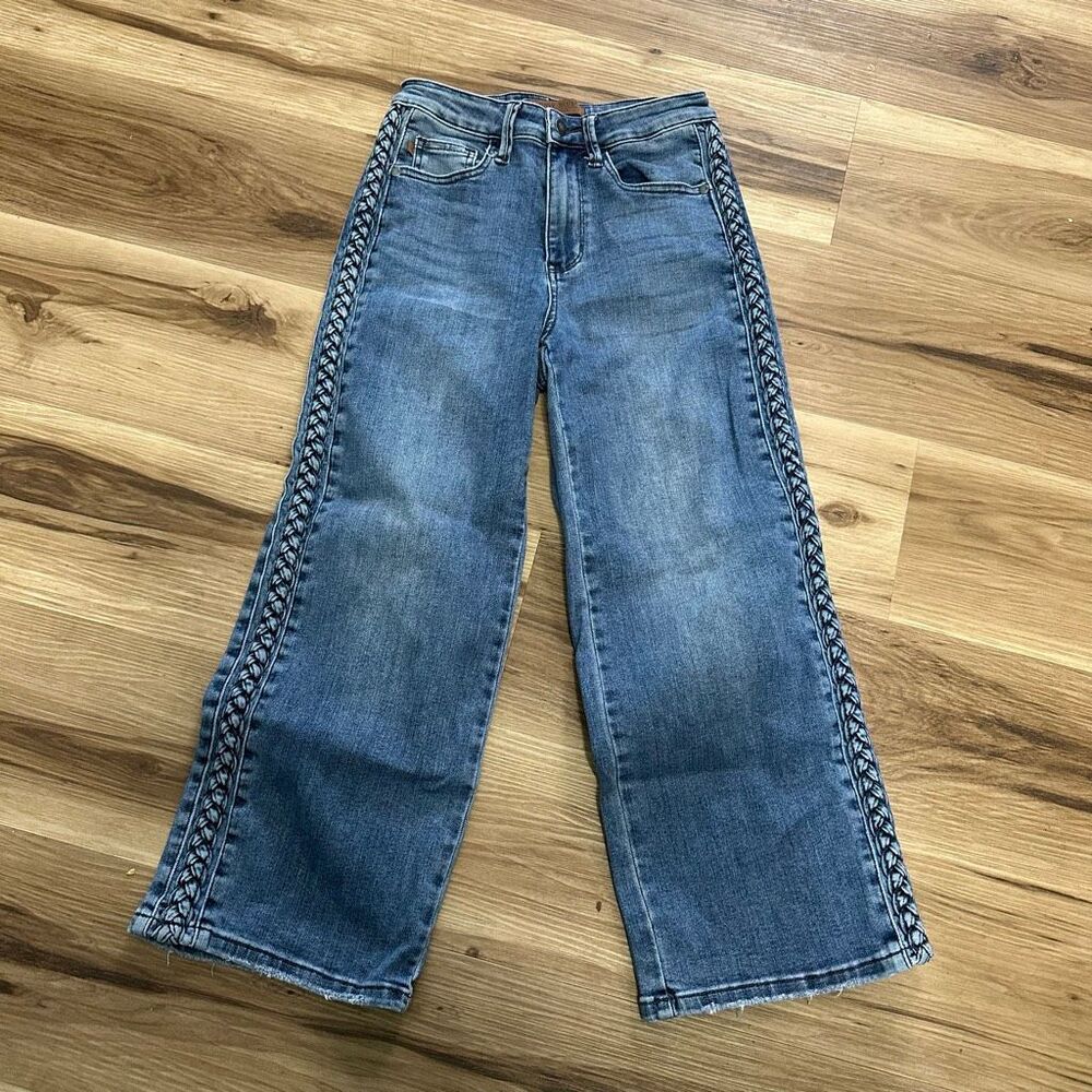 Judy Blue distressed wide leg 1/25 boutique braided trouser jeans